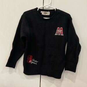 Melange Black Knit Sweater with Red and White Lettering
